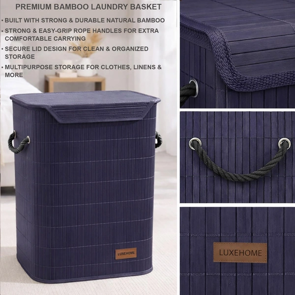 Luxe Home International Rectangle Bamboo Laundry Basket for Clothes with Lid Strap Lock | Eco-Friendly, Foldable & Lightweight Organizer (Navy, 40x30x50 cm, Pack of 1) - 40x30x50cm, Strap Navy