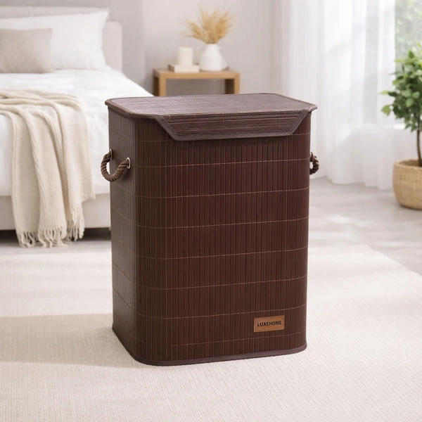 Luxe Home International Rectangle Bamboo Laundry Basket for Clothes with Lid Strap Lock | Eco-Friendly, Foldable & Lightweight Organizer (Brown, 40x30x50 cm, Pack of 1) - 40x30x50cm, Strap Brown