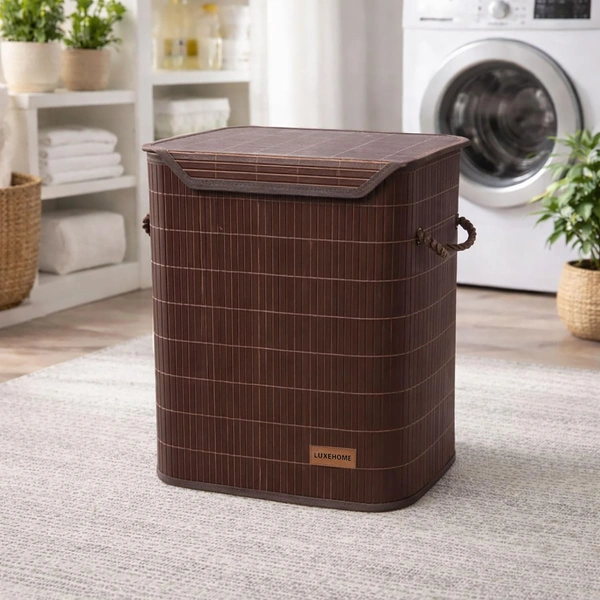 Luxe Home International Rectangle Bamboo Laundry Basket for Clothes with Lid Strap Lock | Eco-Friendly, Foldable & Lightweight Organizer (Brown, 40x30x50 cm, Pack of 1) - 40x30x50cm, Strap Brown