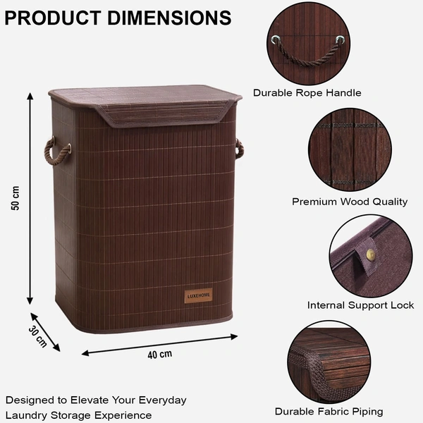 Luxe Home International Rectangle Bamboo Laundry Basket for Clothes with Lid Strap Lock | Eco-Friendly, Foldable & Lightweight Organizer (Brown, 40x30x50 cm, Pack of 1) - 40x30x50cm, Strap Brown