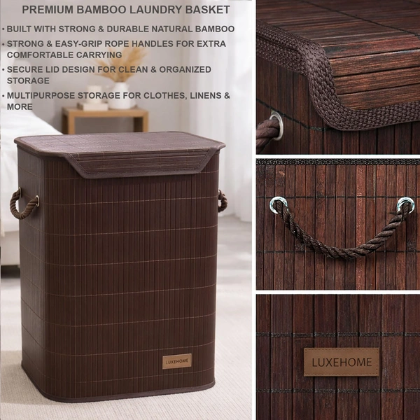 Luxe Home International Rectangle Bamboo Laundry Basket for Clothes with Lid Strap Lock | Eco-Friendly, Foldable & Lightweight Organizer (Brown, 40x30x50 cm, Pack of 1) - 40x30x50cm, Strap Brown