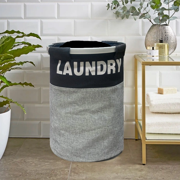 Luxe Home International Laundry Basket for Clothes Foldable, Waterproof Premium Aluminum Laundry Hamper Perfect for Bathroom, Bedroom, Kitchen (Round) Black - 40x40x55 Cm, Black
