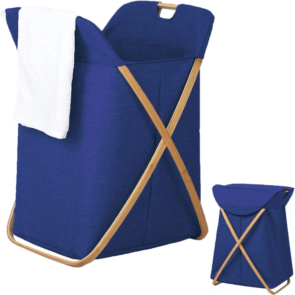 Luxe Home International Laundry Basket for Clothes, Premium Bamboo Big Storage Bag with Lid Multipurpose Used In Laundry Rooms, Bedrooms, Bathrooms (40x70 cm, Navy Blue) - 40X36X70CM, Navy Blue