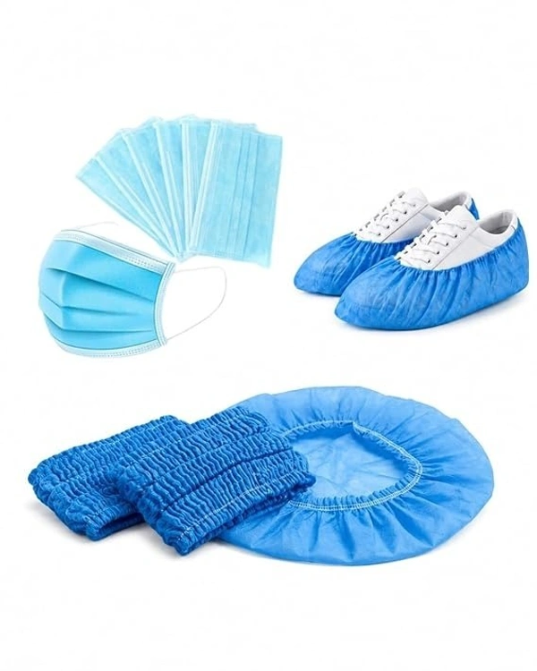 FAIRBIZPS Disposable PPE Hygiene Combo Pack | Non Woven Face Mask 50 Pcs, Bouffant Cap 50 Pcs & Shoe Cover 50 Pairs | Breathable Protective Kit for Hospital, Salon, Kitchen, Lab & Cleaning Use