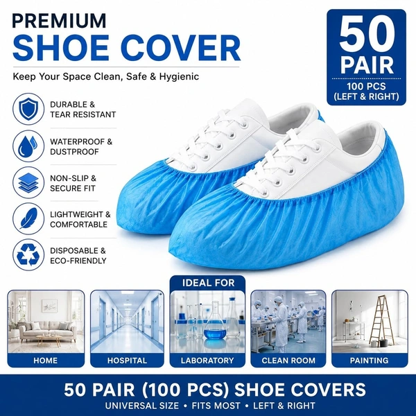 FAIRBIZPS Disposable PPE Hygiene Combo Pack with 50 Pcs Bouffant Caps & 50 Pairs Shoe Covers | Breathable Protective Kit for Hospital Kitchen Lab Cleaning & Hygiene Use