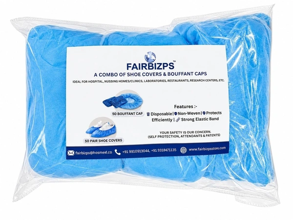 FAIRBIZPS Disposable PPE Hygiene Combo Pack with 50 Pcs Bouffant Caps & 50 Pairs Shoe Covers | Breathable Protective Kit for Hospital Kitchen Lab Cleaning & Hygiene Use
