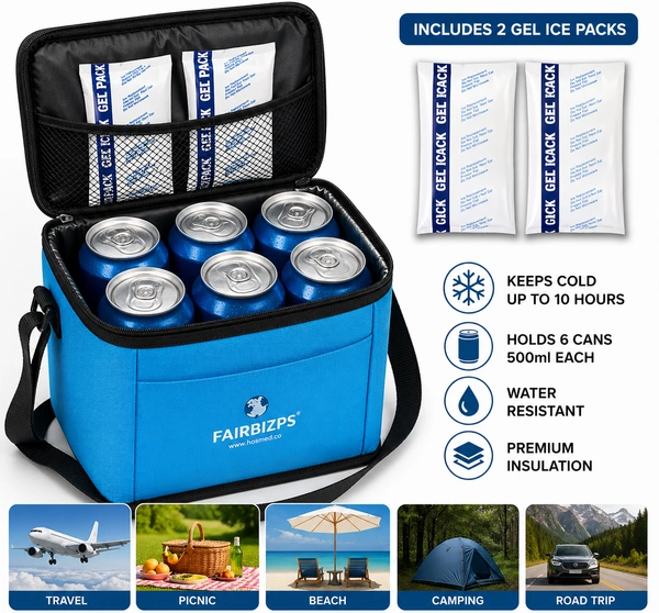 FAIRBIZPS 6 Can Insulated Cooler Bag with 2 Ice Gel Packs – Keeps Drinks Cold Up to 10 Hours | Compact Beverage Carrier for Travel, Picnic, Camping & Beach
