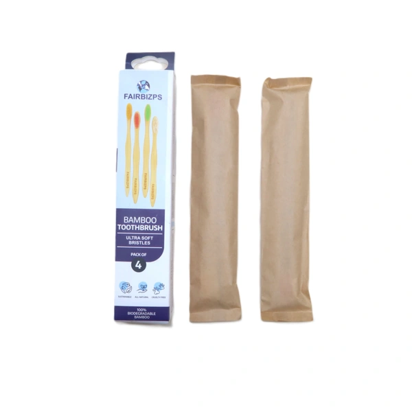 FAIRBIZPS Bamboo Toothbrush Set - Pack of 4, Soft Bristles, BPA-Free, Antibacterial, Biodegradable Handle - Eco-Friendly Oral Care Kit for Kids and Adult - Standard