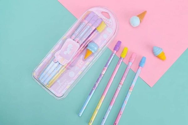 12pc Wooden Pencil W/Icecream Eraser Set