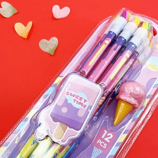 12pc Wooden Pencil W/Icecream Eraser Set