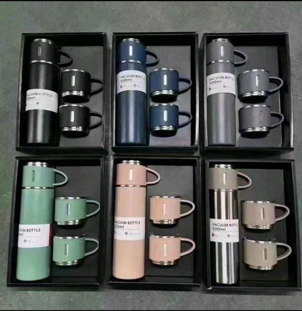 Vaccum Flask With 3pc Cup Set (Mix Color)
