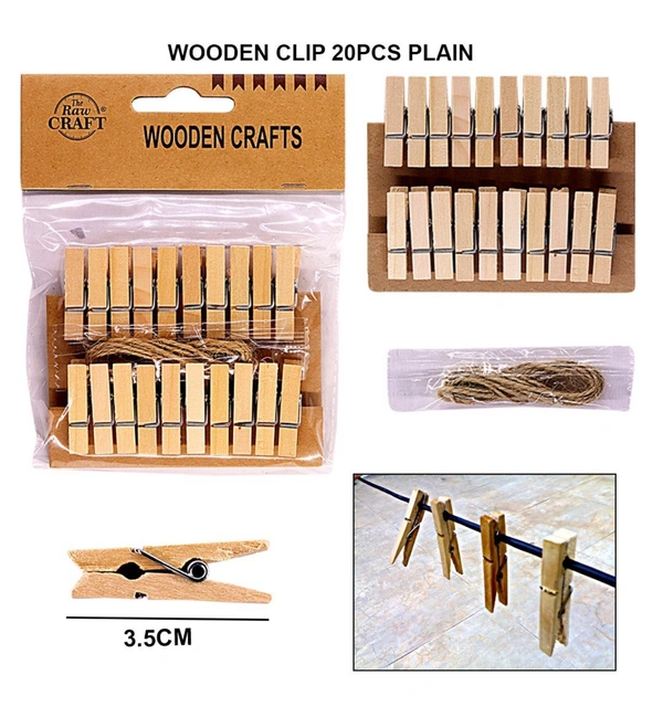 Wooden Clips Plain With Thread (20pc)