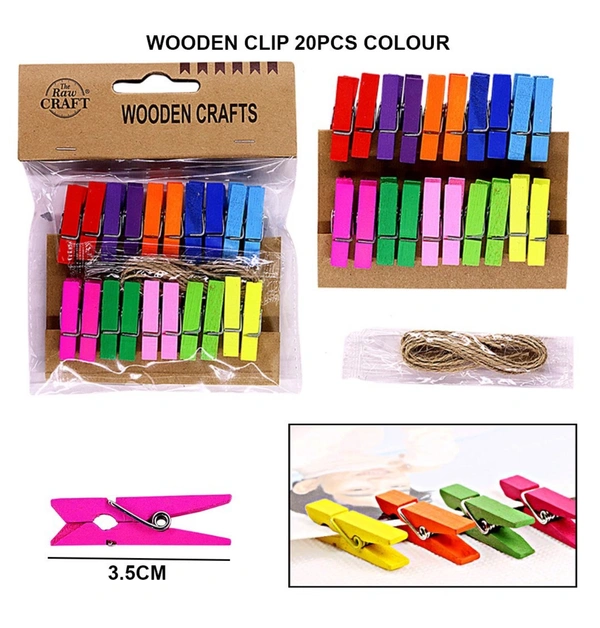 Wooden Clips Color With Thread (20pc)