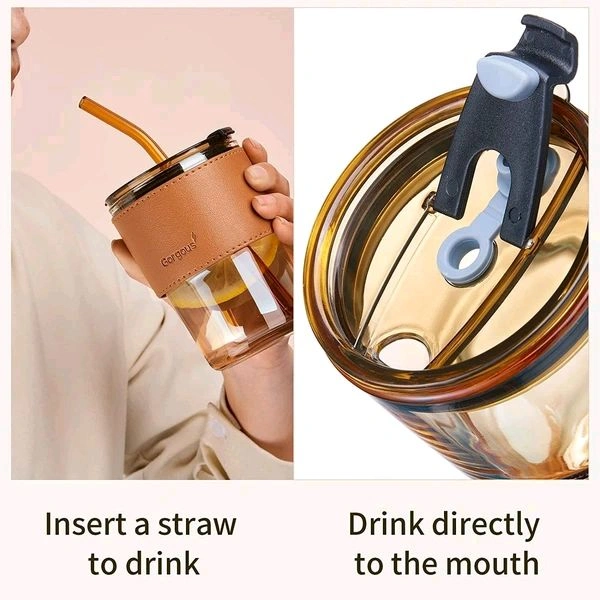 Glass Coffe Cup With Straw & Cover