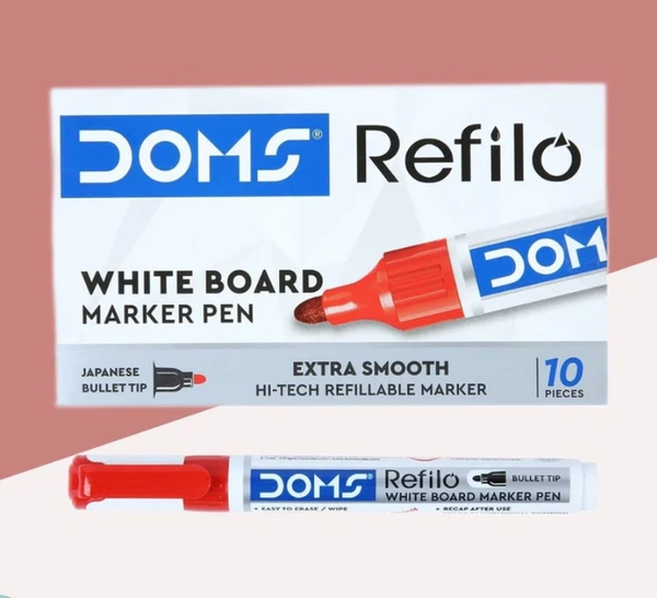 Doms Refilo White Board Marker Pen (10pc Pack) - Red