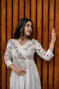 SF5 5635 Launching  rayon dress with floral embroidery and crochet lace detailing on yoke and sleeves  RAYON 
 - M-38