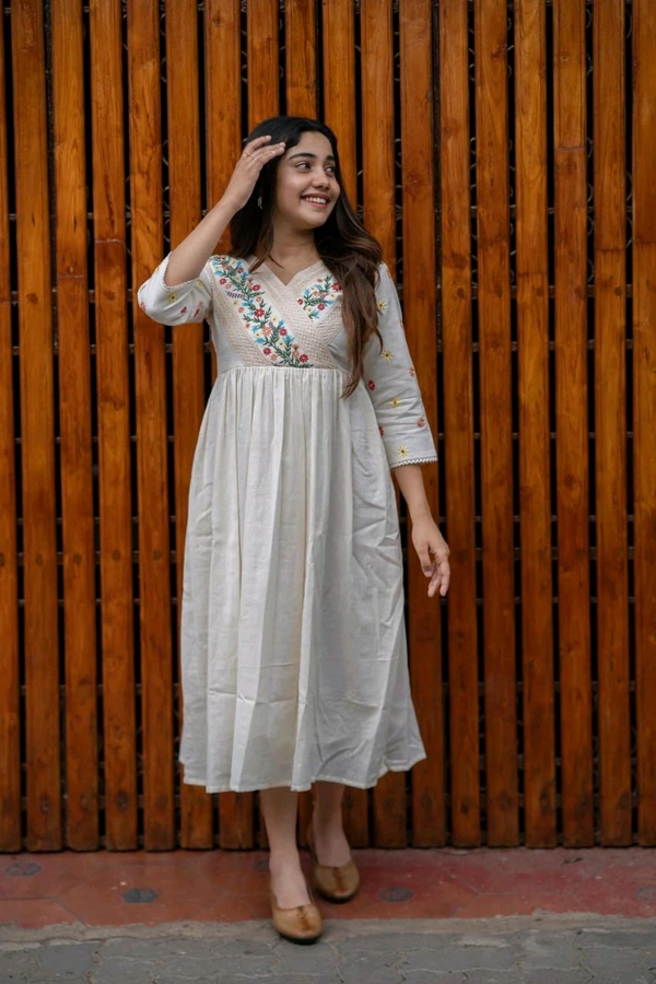 SF5 5635 Launching  rayon dress with floral embroidery and crochet lace detailing on yoke and sleeves  RAYON 
 - L-40
