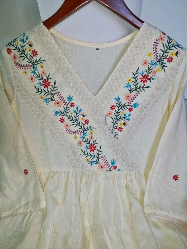 SF5 5635 Launching  rayon dress with floral embroidery and crochet lace detailing on yoke and sleeves  RAYON 
 - L-40
