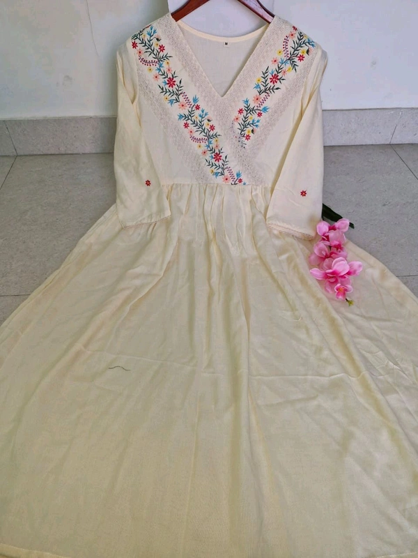 SF5 5635 Launching  rayon dress with floral embroidery and crochet lace detailing on yoke and sleeves  RAYON 
 - XL-42