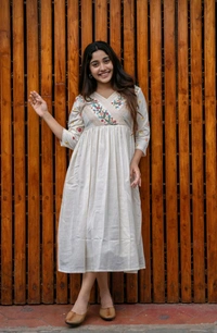 SF5 5635 Launching  rayon dress with floral embroidery and crochet lace detailing on yoke and sleeves  RAYON 
 - M-38