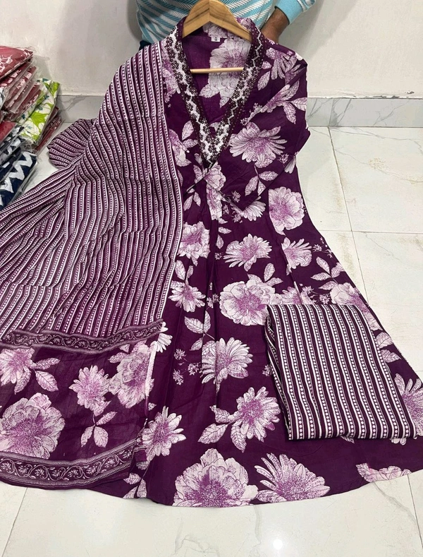 SF5 5641 Pure fine Cotton fabric Havy Embroidery Work Kurti with Pant with cotton  Dupatta
 - Purple, L-40