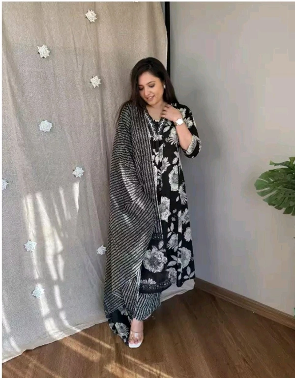 SF5 5641 Pure fine Cotton fabric Havy Embroidery Work Kurti with Pant with cotton  Dupatta
 - Black, M-38
