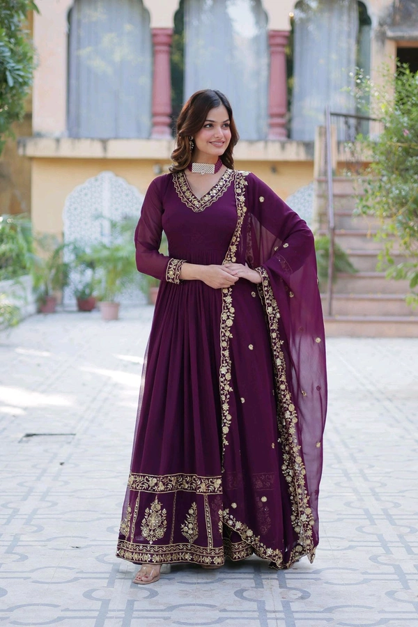 DSS 5643  *PREMIUM DESIGNER READYMADE GEORGETTE  GOWN-DUPATTA 
 - Purple, XL-42