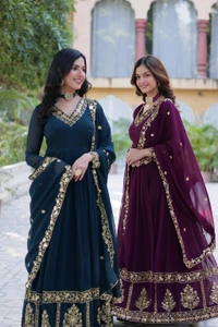 DSS 5643  *PREMIUM DESIGNER READYMADE GEORGETTE  GOWN-DUPATTA 
 - Purple, XL-42