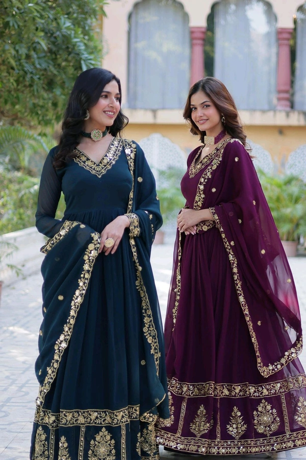 DSS 5643  *PREMIUM DESIGNER READYMADE GEORGETTE  GOWN-DUPATTA 
 - Purple, XL-42