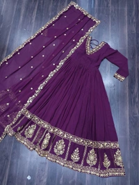 DSS 5643  *PREMIUM DESIGNER READYMADE GEORGETTE  GOWN-DUPATTA 
 - Purple, 2XL-44
