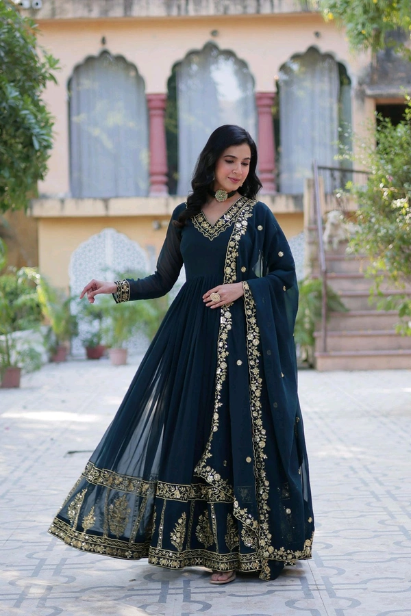 DSS 5643  *PREMIUM DESIGNER READYMADE GEORGETTE  GOWN-DUPATTA 
 - Blue, L-40
