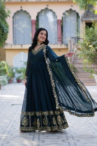 DSS 5643  *PREMIUM DESIGNER READYMADE GEORGETTE  GOWN-DUPATTA 
 - Blue, L-40