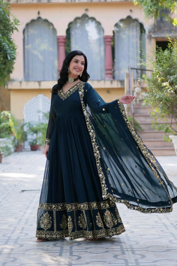 DSS 5643  *PREMIUM DESIGNER READYMADE GEORGETTE  GOWN-DUPATTA 
 - Blue, L-40