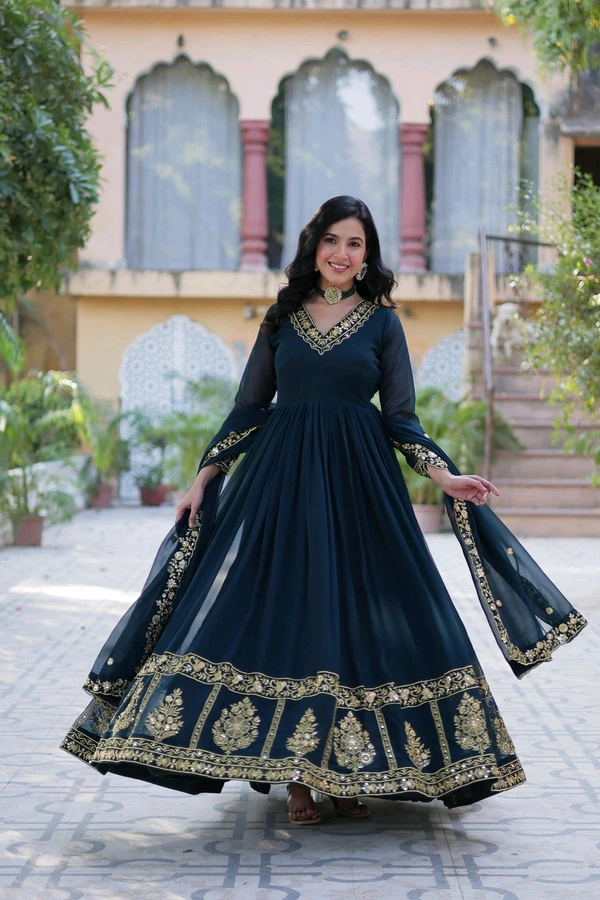 DSS 5643  *PREMIUM DESIGNER READYMADE GEORGETTE  GOWN-DUPATTA 
 - Blue, L-40