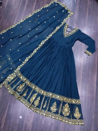 DSS 5643  *PREMIUM DESIGNER READYMADE GEORGETTE  GOWN-DUPATTA 
 - Blue, L-40