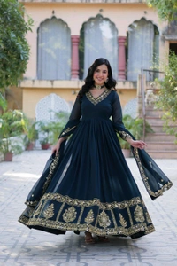 DSS 5643  *PREMIUM DESIGNER READYMADE GEORGETTE  GOWN-DUPATTA 
 - Blue, XL-42