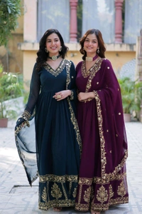 DSS 5643  *PREMIUM DESIGNER READYMADE GEORGETTE  GOWN-DUPATTA 
 - Blue, XL-42
