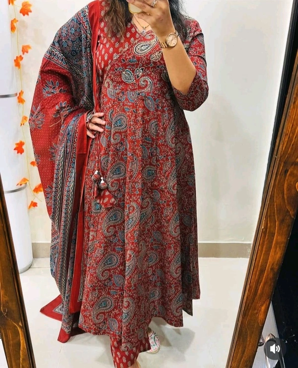 LCJ 5647 *New Anarkali Cotton  kurta set with 
 printed cotton kurta & pant or dupa hand work  - Red, M-38