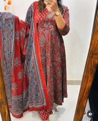 LCJ 5647 *New Anarkali Cotton  kurta set with 
 printed cotton kurta & pant or dupa hand work  - Red, M-38