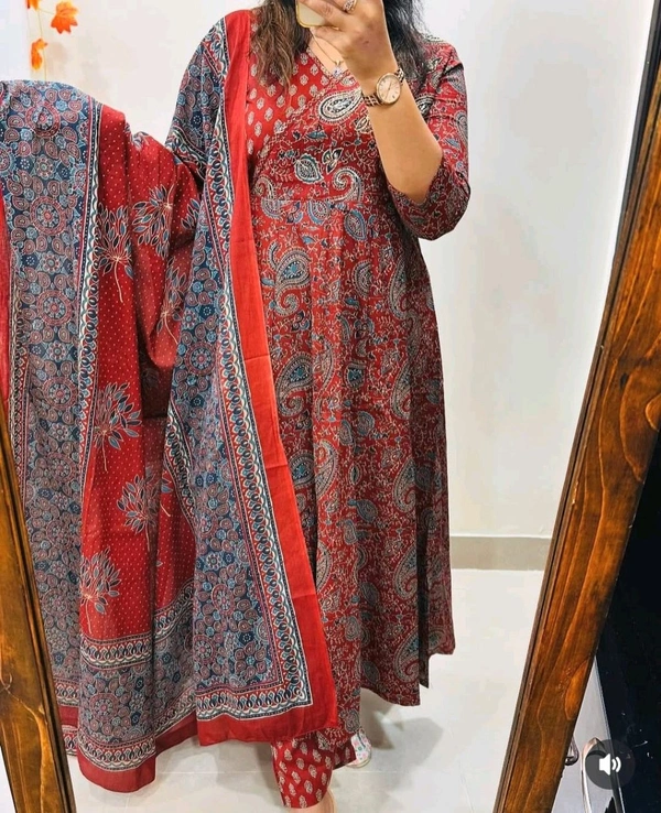 LCJ 5647 *New Anarkali Cotton  kurta set with 
 printed cotton kurta & pant or dupa hand work  - Red, M-38