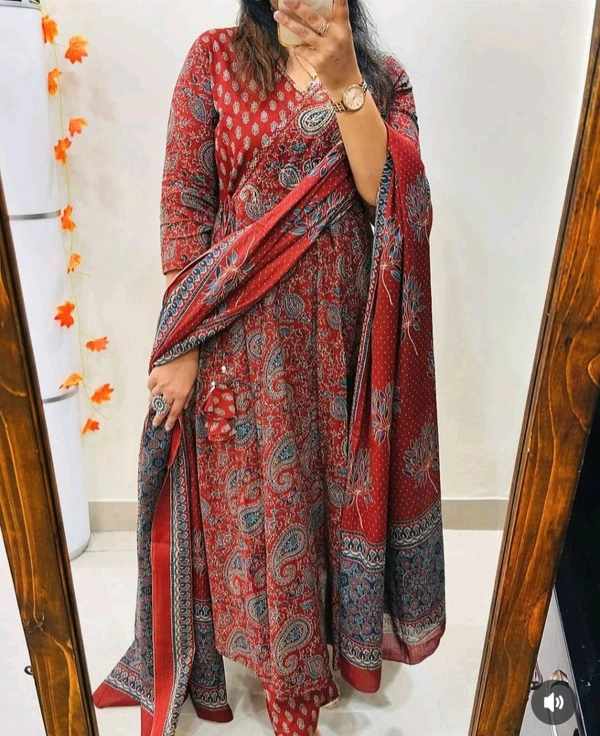 LCJ 5647 *New Anarkali Cotton  kurta set with 
 printed cotton kurta & pant or dupa hand work  - Red, M-38