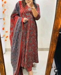 LCJ 5647 *New Anarkali Cotton  kurta set with 
 printed cotton kurta & pant or dupa hand work  - Red, M-38
