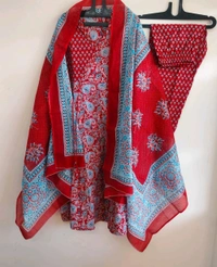LCJ 5647 *New Anarkali Cotton  kurta set with 
 printed cotton kurta & pant or dupa hand work  - Red, M-38