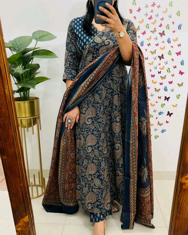 LCJ 5647 *New Anarkali Cotton  kurta set with 
 printed cotton kurta & pant or dupa hand work  - Blue, M-38