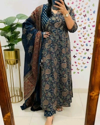 LCJ 5647 *New Anarkali Cotton  kurta set with 
 printed cotton kurta & pant or dupa hand work  - Blue, L-40
