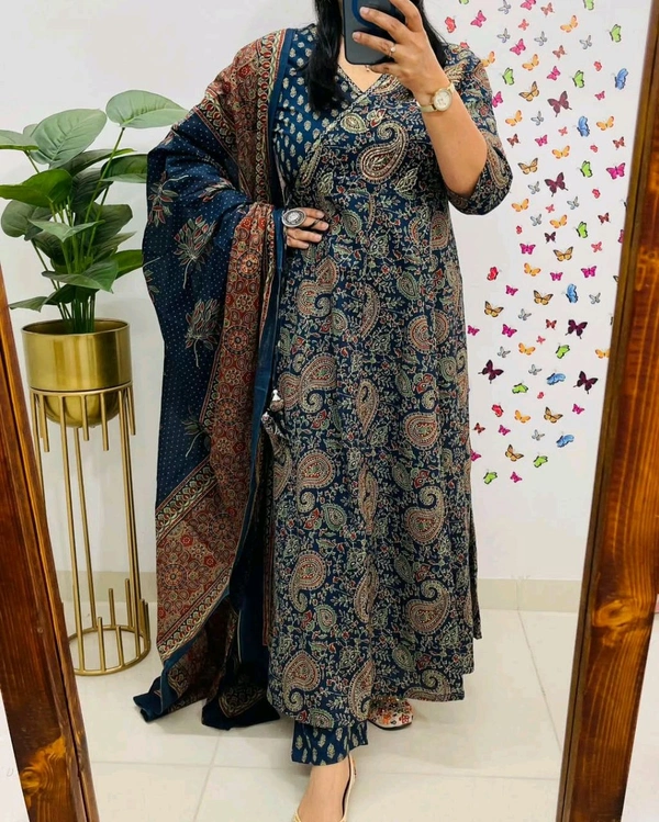 LCJ 5647 *New Anarkali Cotton  kurta set with 
 printed cotton kurta & pant or dupa hand work  - Blue, L-40