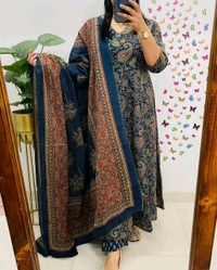 LCJ 5647 *New Anarkali Cotton  kurta set with 
 printed cotton kurta & pant or dupa hand work  - Blue, L-40