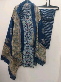 LCJ 5647 *New Anarkali Cotton  kurta set with 
 printed cotton kurta & pant or dupa hand work  - Blue, L-40