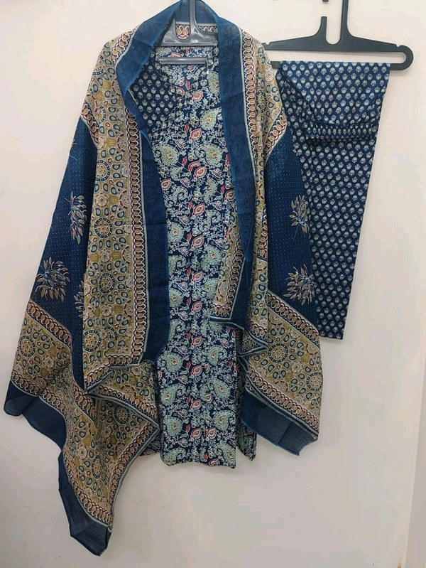 LCJ 5647 *New Anarkali Cotton  kurta set with 
 printed cotton kurta & pant or dupa hand work  - Blue, L-40