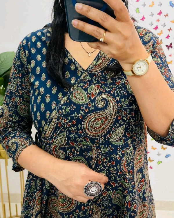 LCJ 5647 *New Anarkali Cotton  kurta set with 
 printed cotton kurta & pant or dupa hand work  - Blue, XL-42